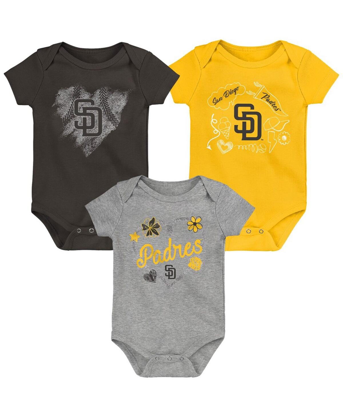 Shop Outerstuff Infant Boys And Girls Brown, Gold, Gray San Diego Padres Batter Up 3-pack Bodysuit Set In Brown,gold,gray