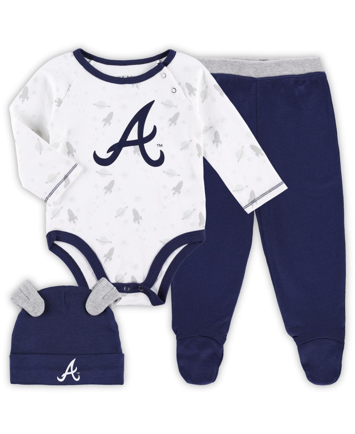 Outerstuff Babies' Newborn And Infant Boys And Girls Navy, White Atlanta Braves Dream Team Bodysuit Hat And Footed Pant In Navy,white
