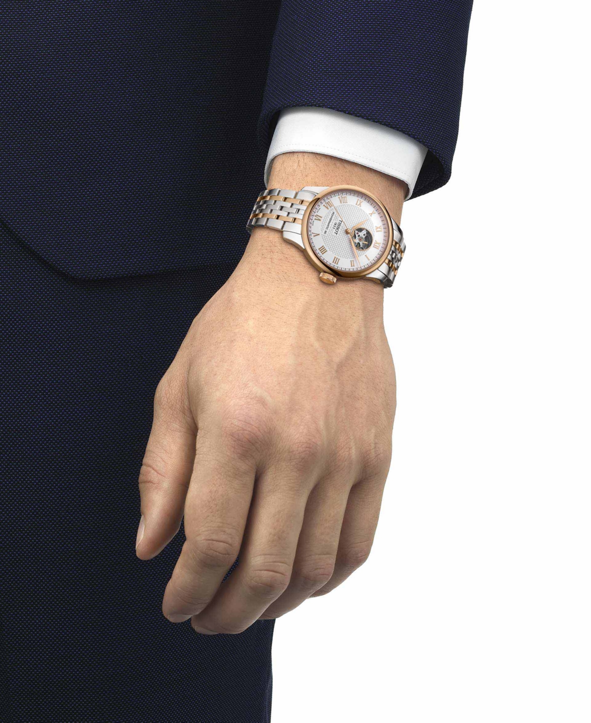 Shop Tissot Men's Swiss Automatic Le Locle Powermatic 80 Open Heart Two Tone Stainless Steel Bracelet Watch 39mm In Grey,rose Gold