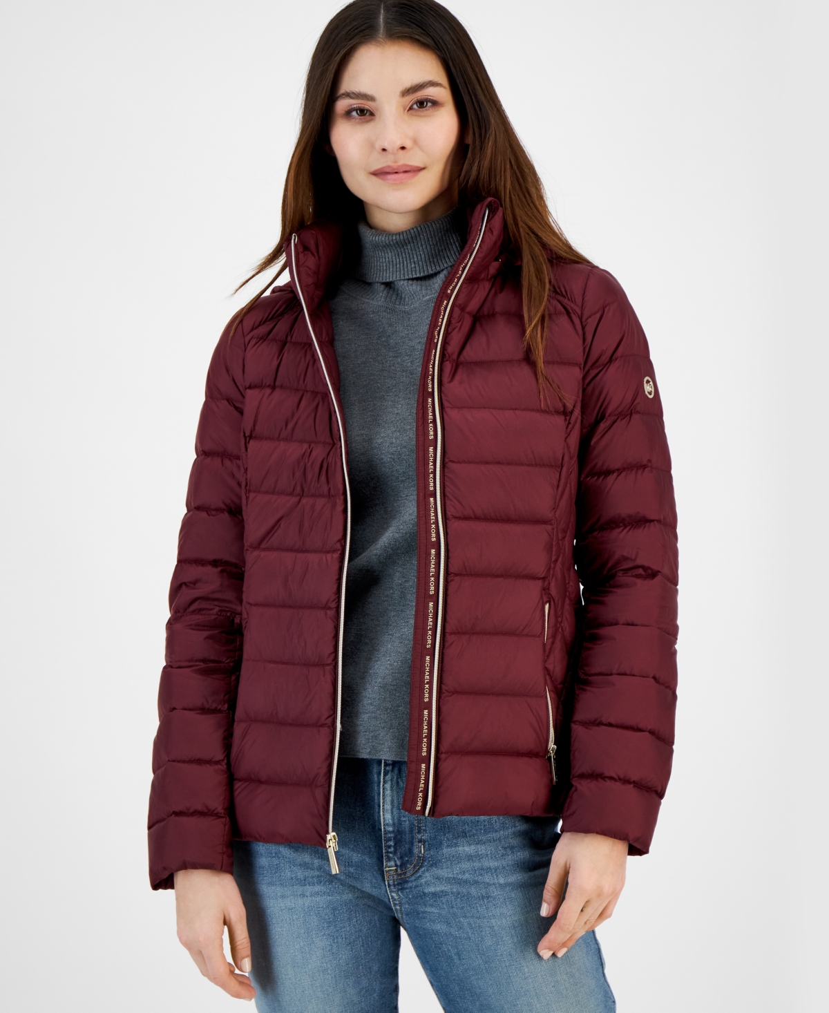 Michael Kors Michael Michael Kors Women s Hooded Packable Down Puffer Coat Regular Petite Created for Macy s Luggage Smart Closet
