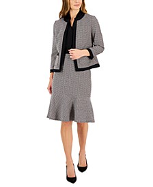Women's Tweed Collarless Jacket, Tie-Neck Top & A-Line Flounce Skirt