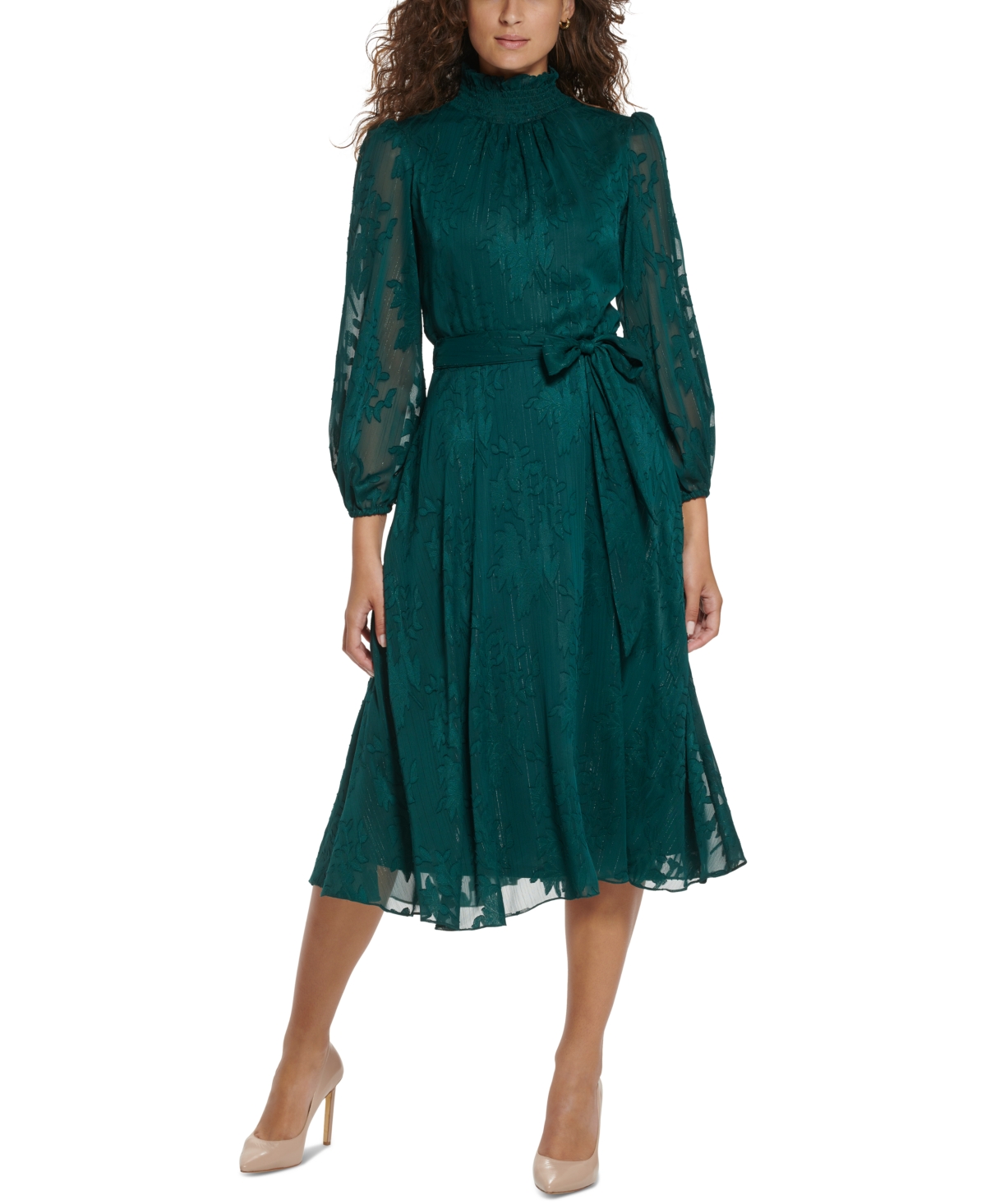 Jessica Howard Women's Jacquard Belted Smocked Dress