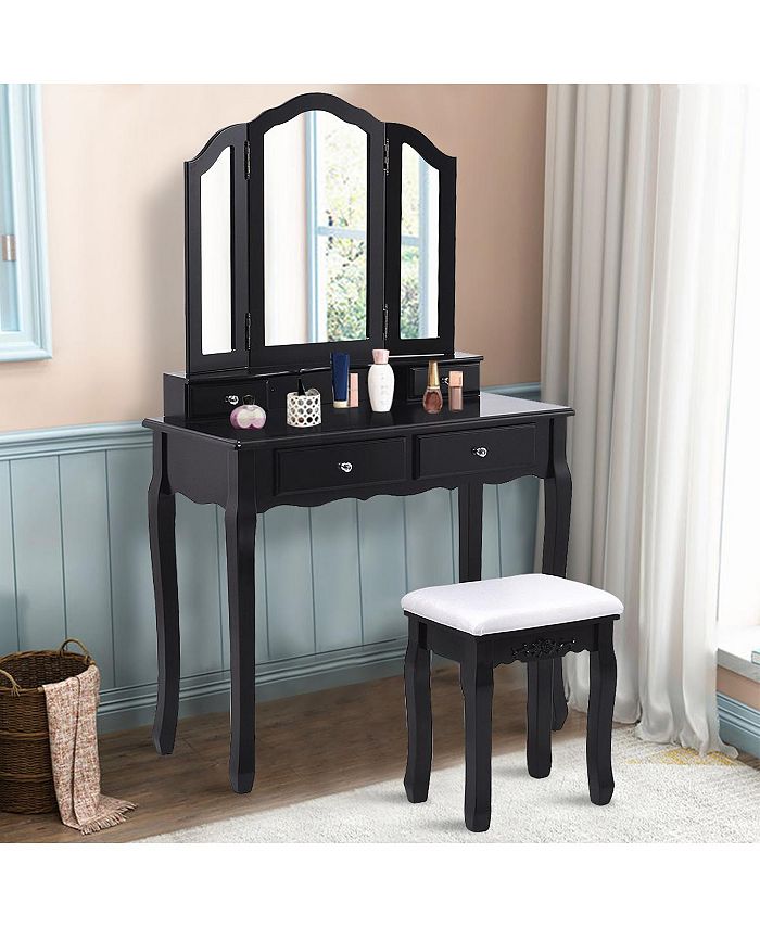 Costway Makeup Table Stool Set Tri Folding Mirror Vanity Macy's
