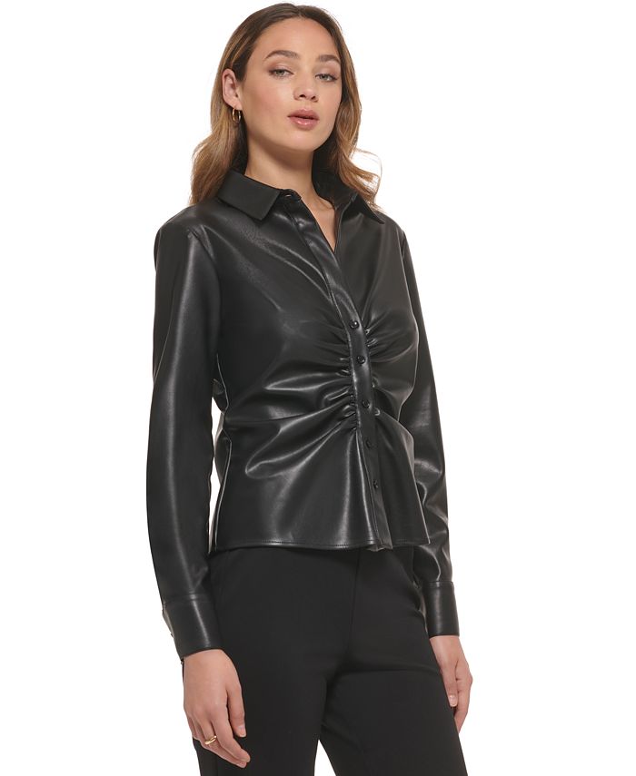 BLACK FRONT RUCHED SNAP BLOUSE main image 0
