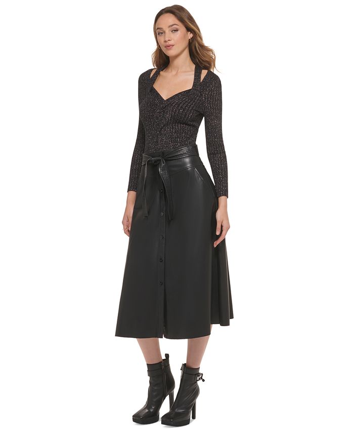 DKNY Women's Faux-Leather Belted Snap-Front Midi Skirt - Macy's