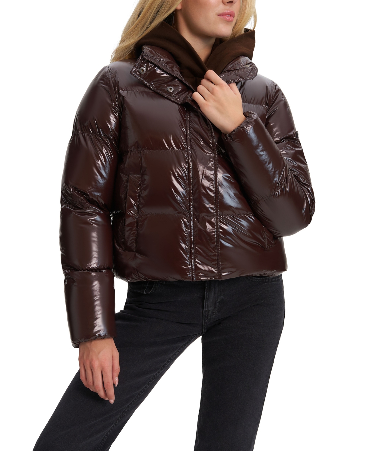 Noize Women's Cropped Pillow Collar Puffer with Channel Quilt Coat