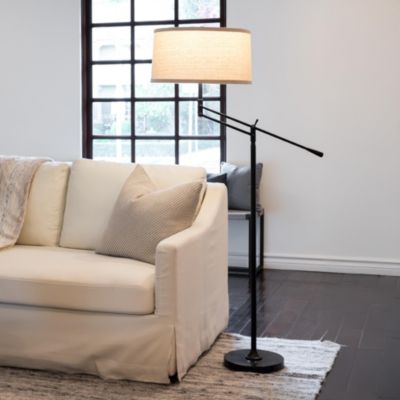 Ava 61" Height-Adjustable LED Black Floor Lamp with Classic Fabric Drum Shade