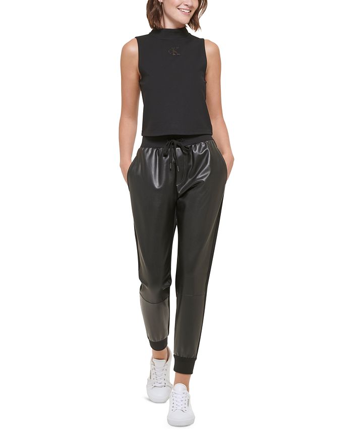 Calvin Klein Jeans Women's Mock-Neck Sleeveless Cropped Top & Faux-Leather Jogger Pants & Reviews All Juniors' Clothing - Juniors - Macy's