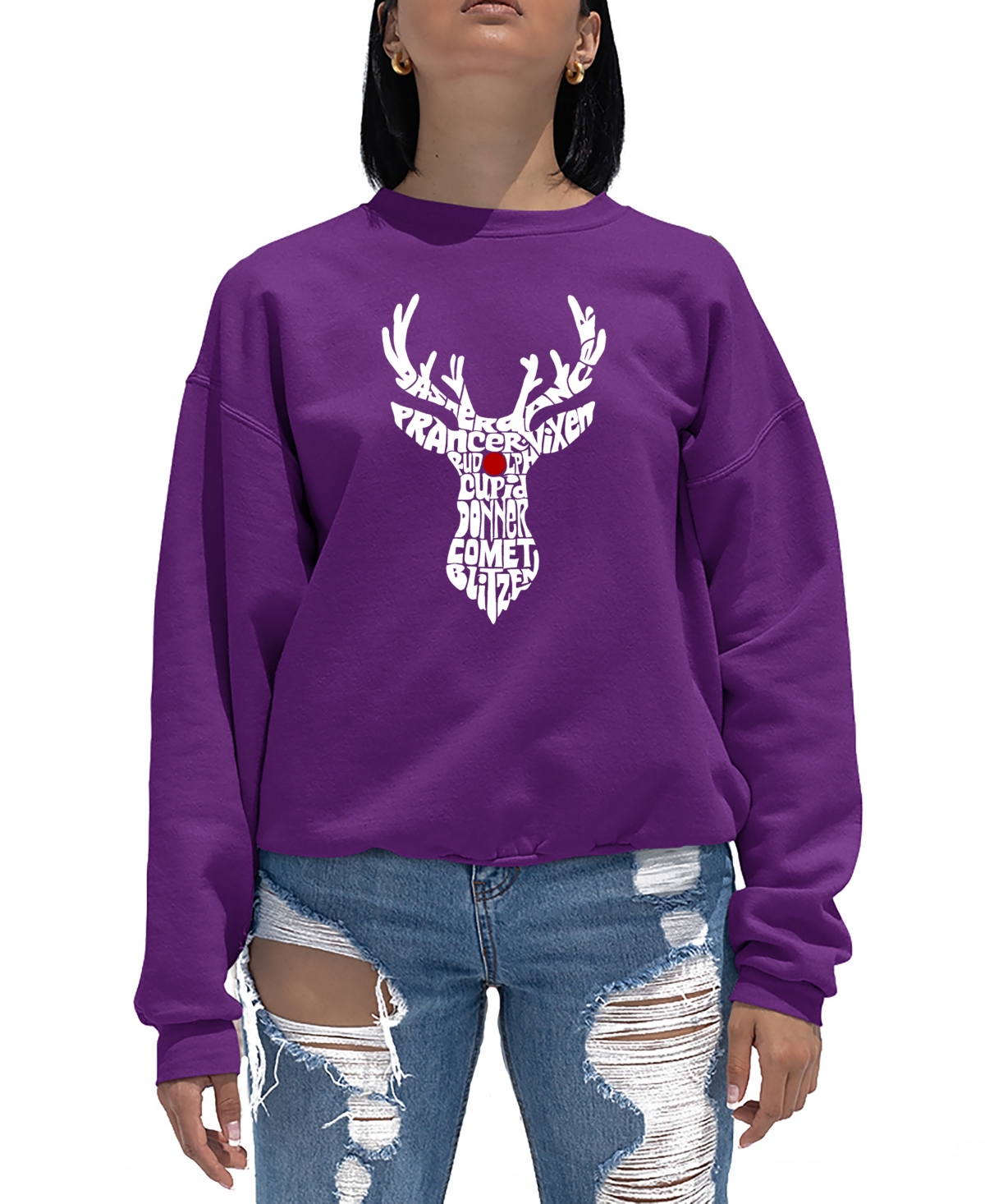 La Pop Art Women's Santa's Reindeer Word Art Crew Neck Sweatshirt