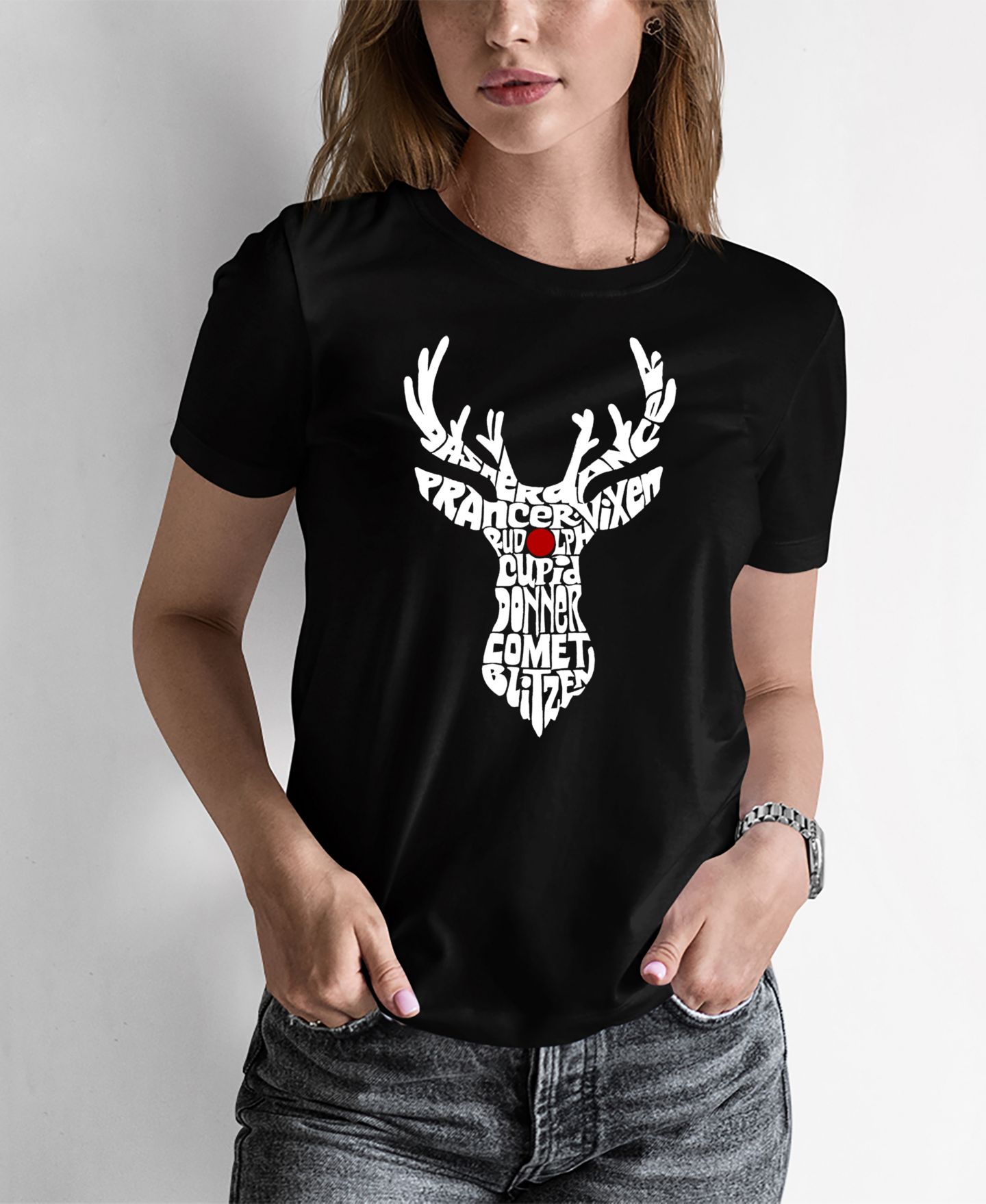 Женская футболка LA Pop Art Santa's Reindeer Word Art, цвет: Чёрный — фото 1