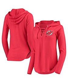 Women's Red New Jersey Devils Soaring Puck Pullover Lace-Up V-Neck Hoodie
