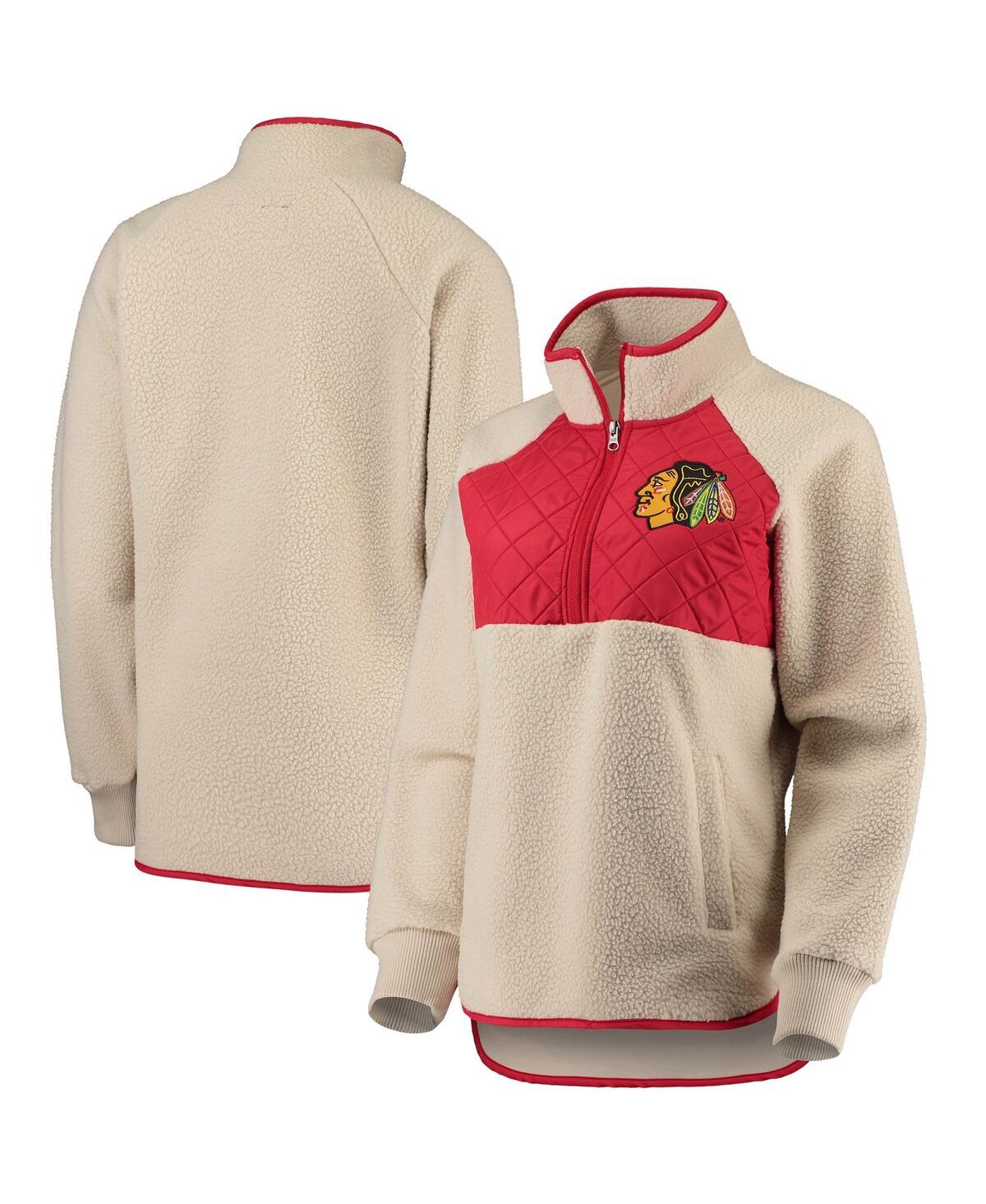G-iii 4her By Carl Banks Women's  Oatmeal And Red Chicago Blackhawks Wishbone Half-zip Jacket In Oatmeal,red