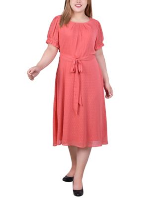 Plus Size Short Sleeve Belted Swiss Dot Dress