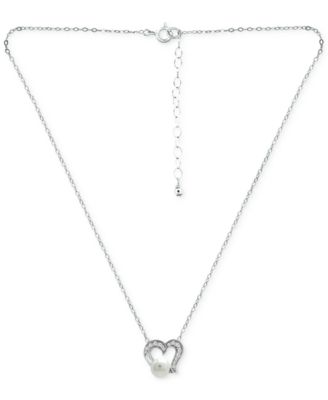 Freshwater Pearl (5mm) & Cubic Zirconia Open Heart Pendant Necklace, 16" + 2" extender, Created for Macy's