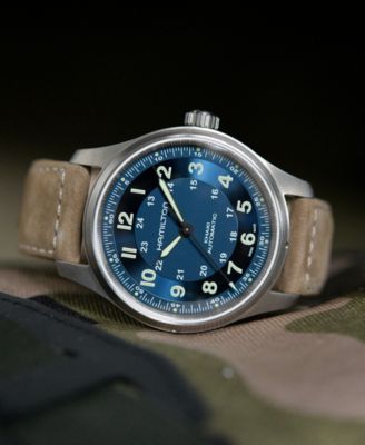 Men's Swiss Automatic Khaki Field Brown Leather Strap Watch 42mm