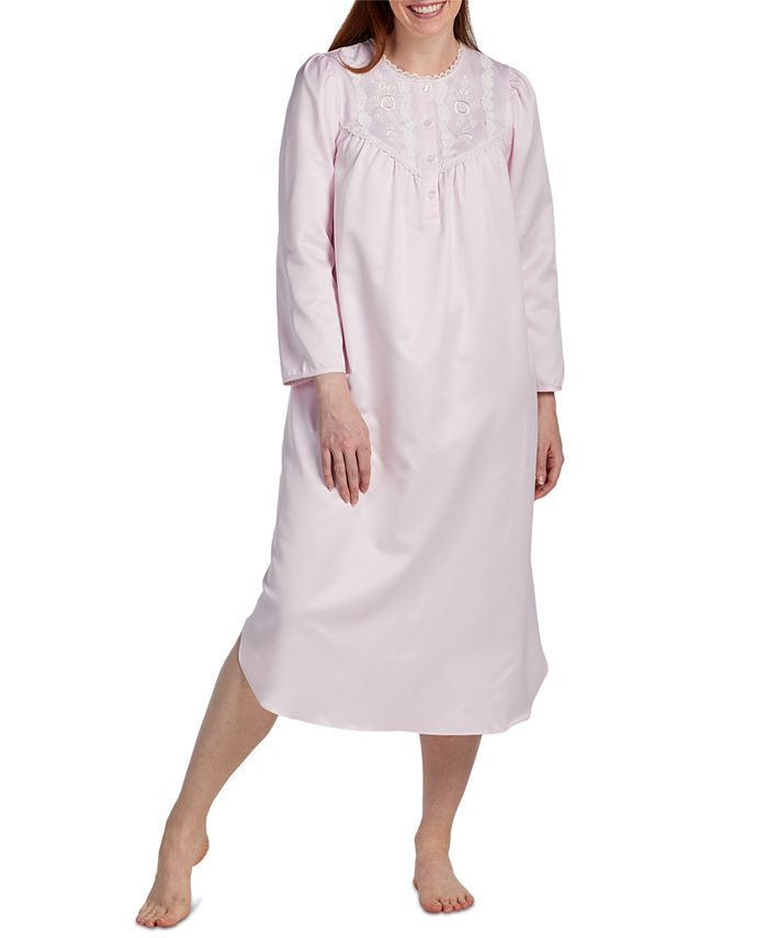 Miss Elaine Petite Long-Sleeve Lace-Trim Nightgown - Macy's