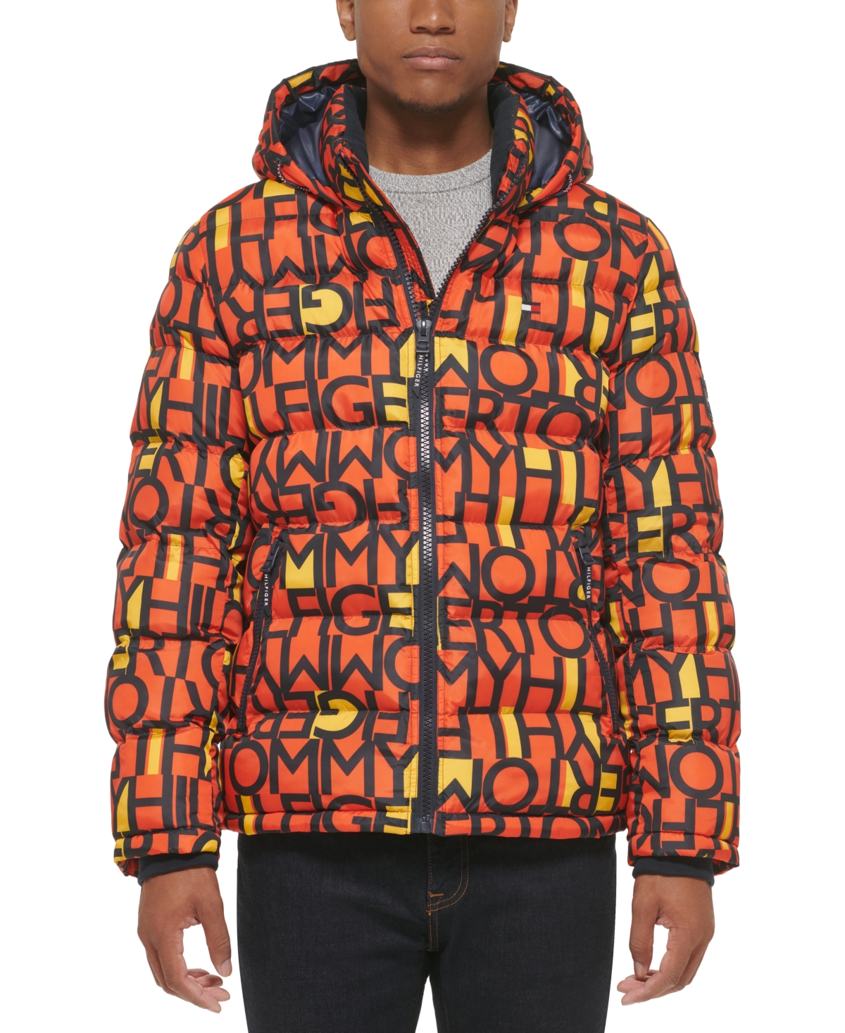 Tommy Hilfiger Men's Quilted Puffer Jacket, Created for Macy's - Orange Logo Print