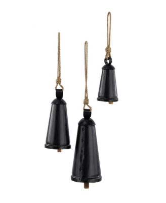 Black Metal Bohemian Decorative Cow Bell with Jute Hanging Rope Set 3 Pieces