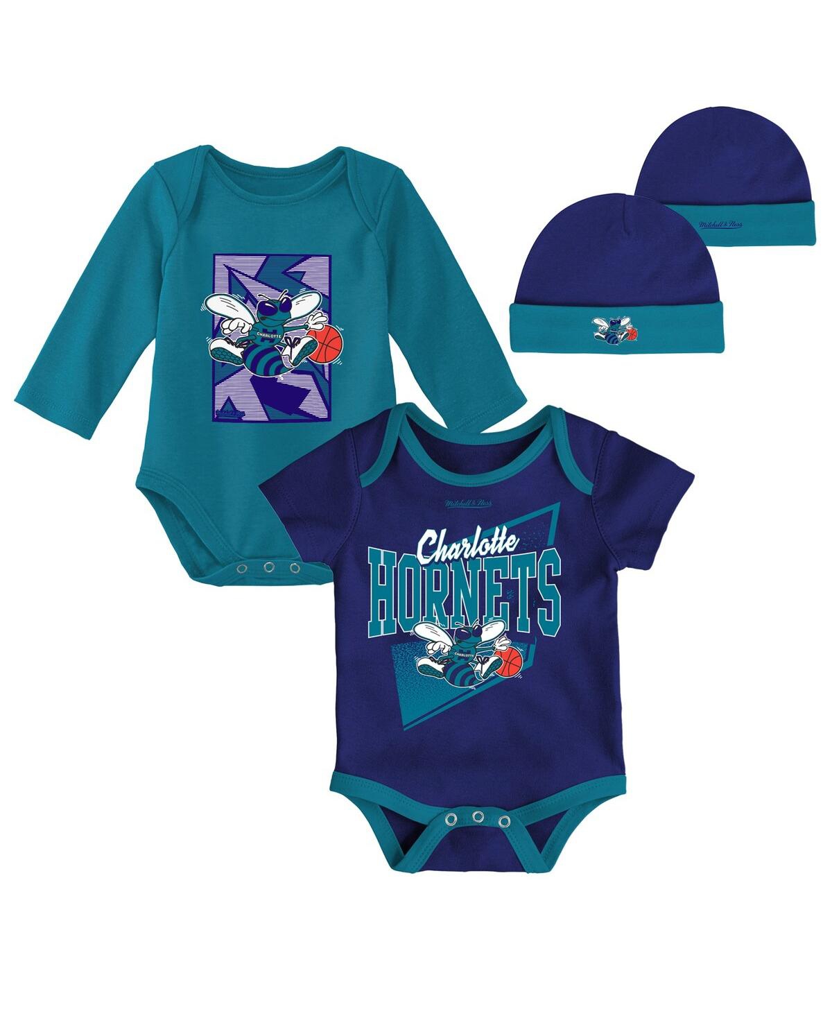 Newborn and Infant Boys and Girls Mitchell & Ness Teal Charlotte Hornets 3-Piece Hardwood Classics Bodysuits and Cuffed Knit Hat Set - Purple
