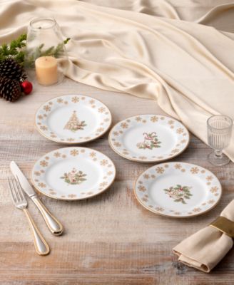 Holly & Berry Gold Set of 4 Holiday Assorted Appetizer Plates, 6.25"