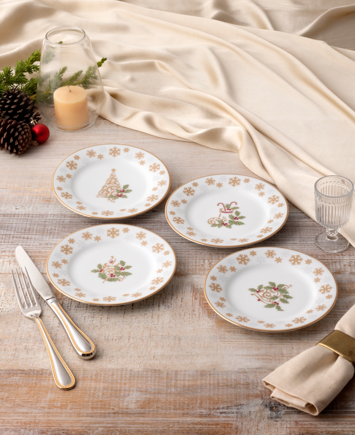 Noritake Holly Berry Gold Set Of 4 Assorted Appetizer Plates, 6-1/4"