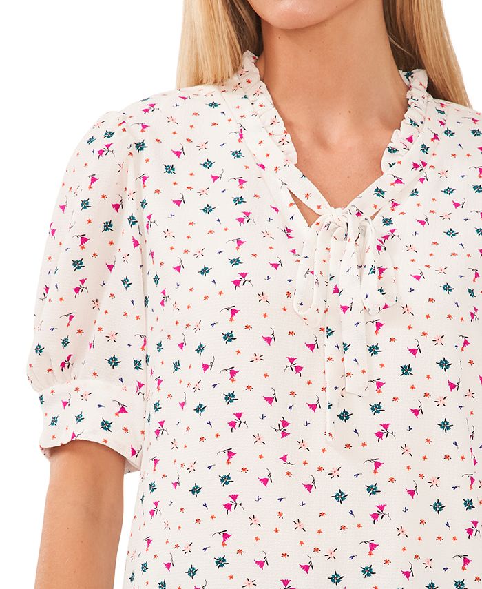 CeCe Women's FloralPrint PuffSleeve TieNeck Top & Reviews Tops