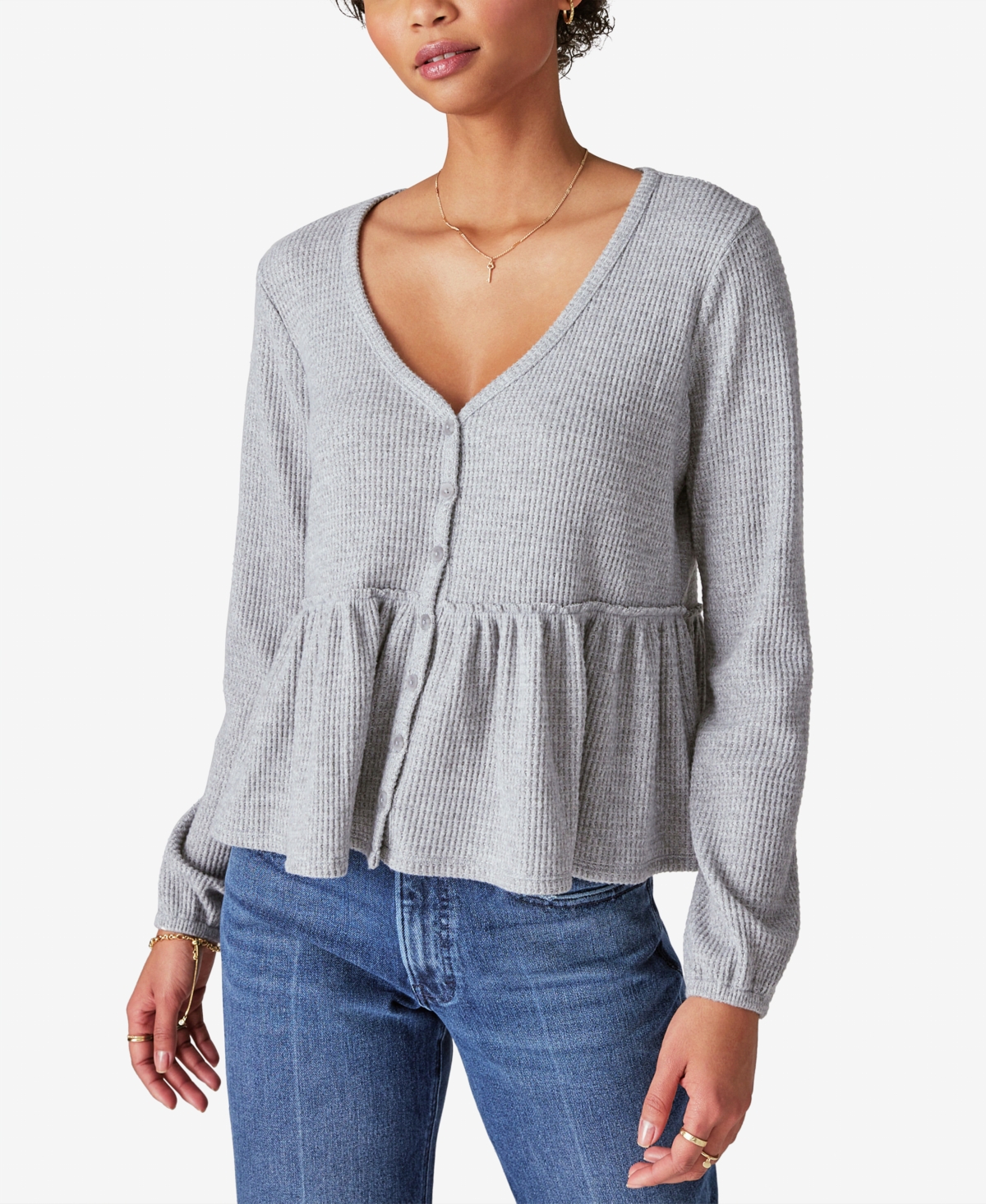 Shop Lucky Brand Women's Waffle-texture Cloud-soft Button-down Top In Light Heather Gray