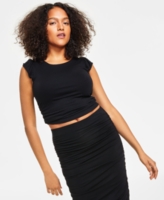 Bar Iii Women's Ruched Crepe Flutter-Sleeve Top, Created for Macy's - Deep Black