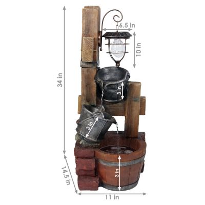 34-Inch Rustic Pouring Buckets Outdoor Water Fountain with Solar Light