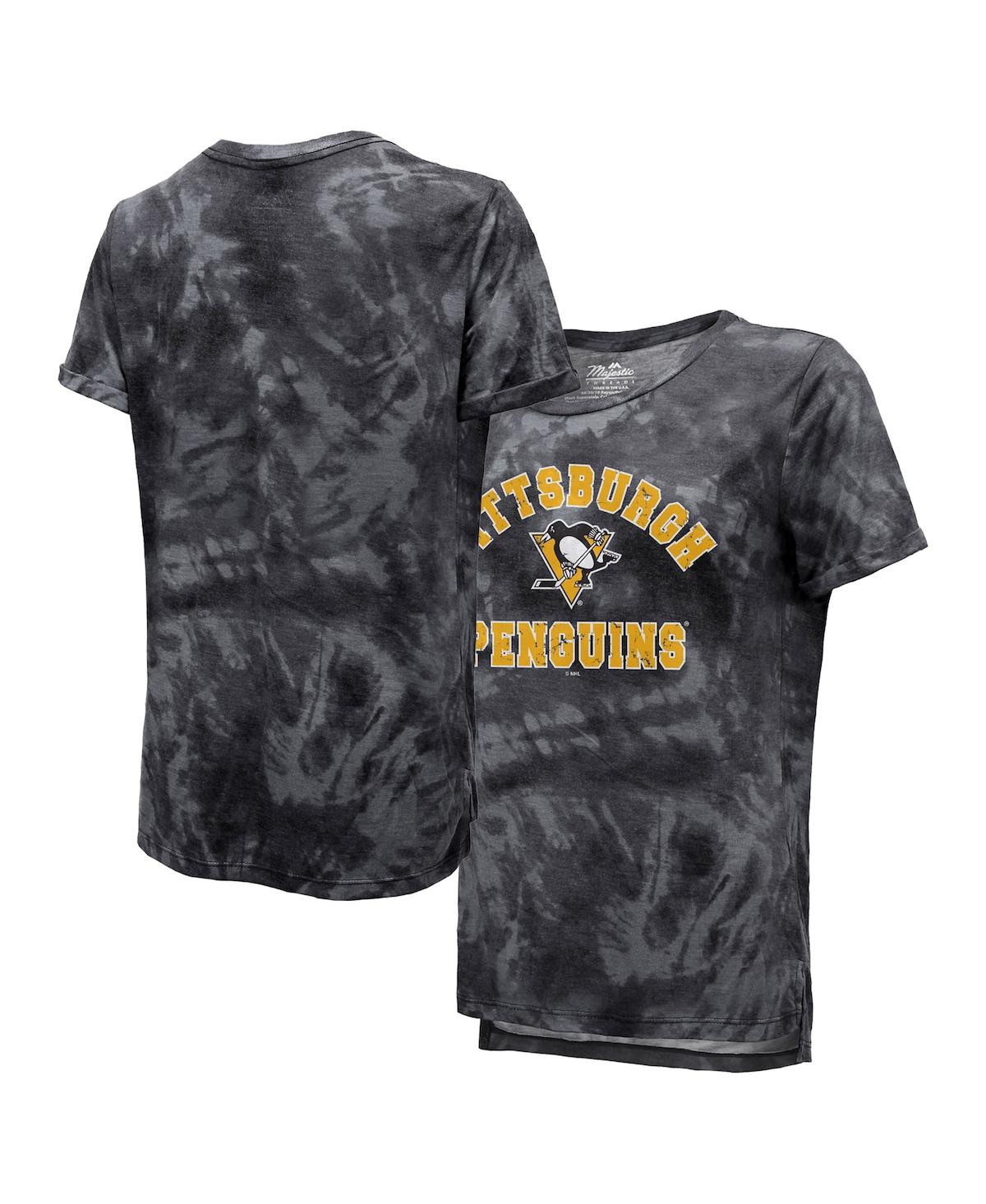 MAJESTIC WOMEN'S MAJESTIC THREADS BLACK PITTSBURGH PENGUINS BOYFRIEND TIE-DYE TRI-BLEND T-SHIRT 