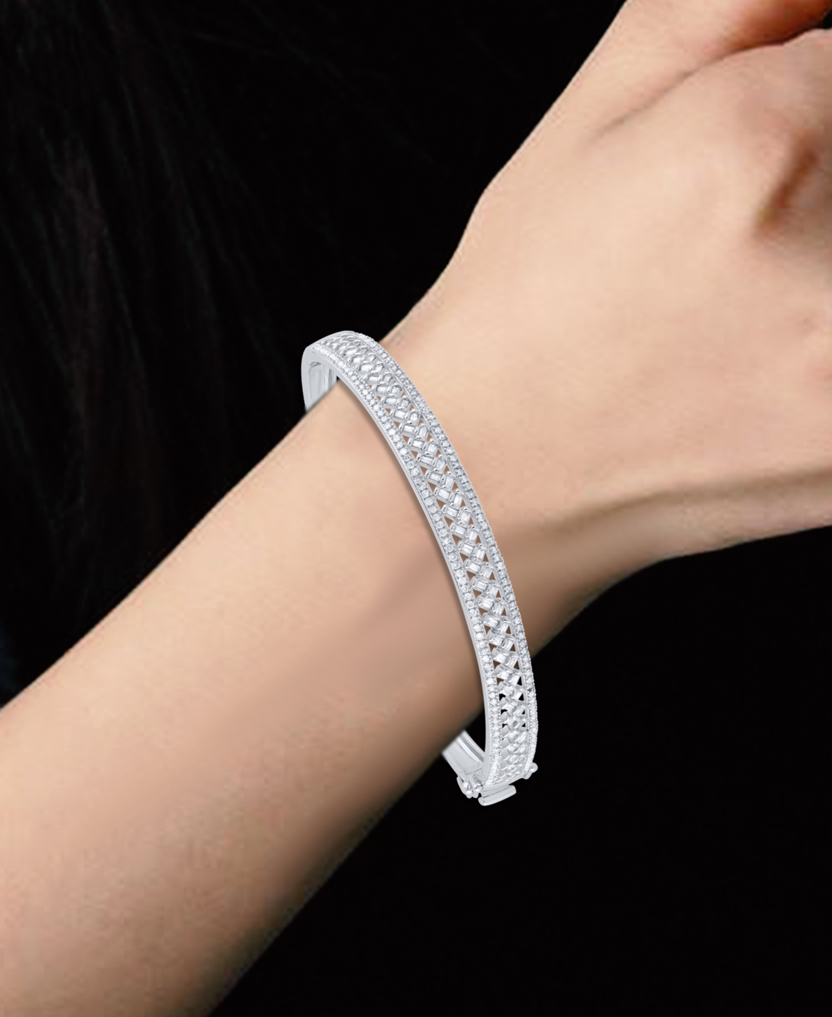 Diamond Round & Baguette Bangle Bracelet (1 ct. t.w.) in 14k- White Gold