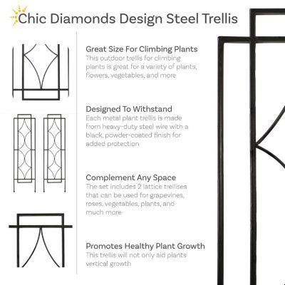 2-Piece Chic Diamonds Design Garden Trellis for Climbing Plants Set - Metal Decorative Outdoor Plant and Flower Trellis - 48-Inch Tall Each - Black