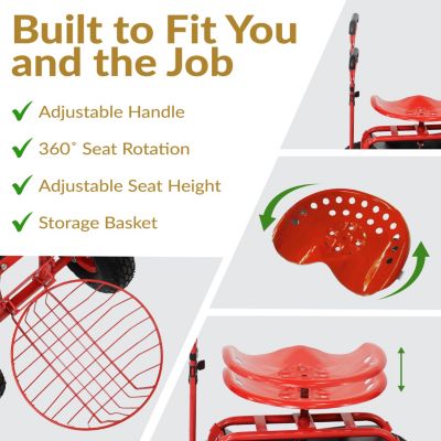 Garden Seat with Wheels - Rolling Garden Stool with Extendable Steer Handle, Swivel Seat and Utility Tool Tray - Red