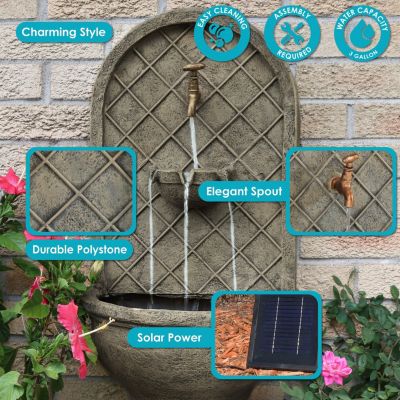 Messina 26-Inch Outdoor Polystone Solar Wall Fountain - Electric Submersible Pump - French Limestone Finish