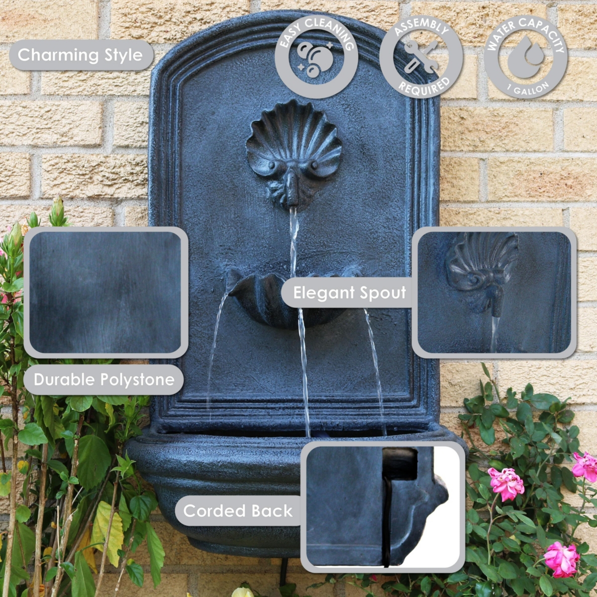 Seaside 27-Inch Outdoor Wall Fountain - Outdoor Water Fountain for Garden, Patio and Balcony - Lead Finish