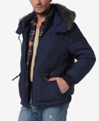 Men's Down Bomber with Faux Fur Trim and Removable Hood