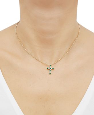 Lab-Grown Emerald (1/4 ct. t.w.) & Lab-Grown White Sapphire (1/3 ct. t.w.) Cross Pendant Necklace in 14k Gold-Plated Sterling Silver, 16" + 2" extender