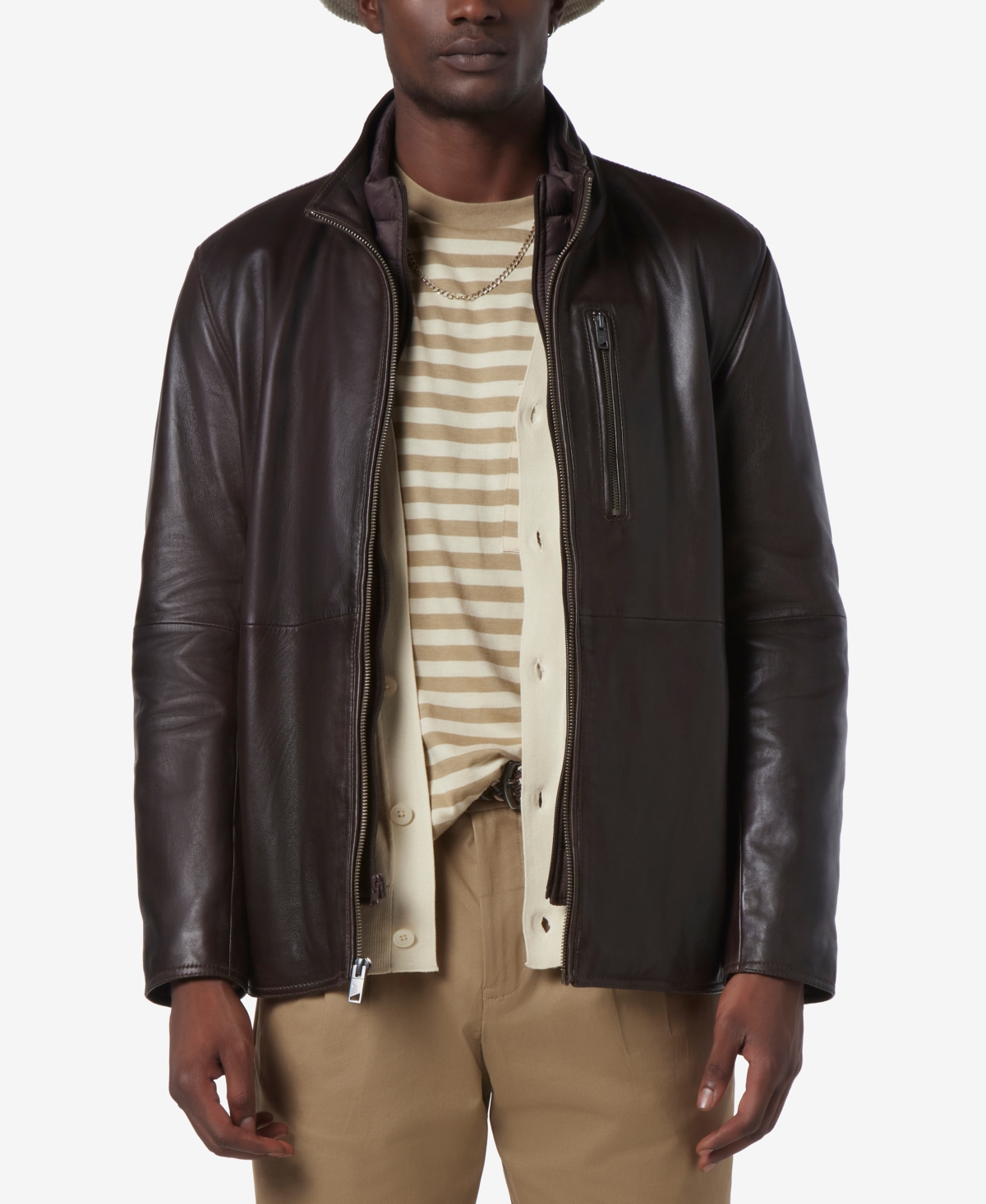 Men's Wollman Smooth Leather Racer Jacket with Removable Interior Bib - Black