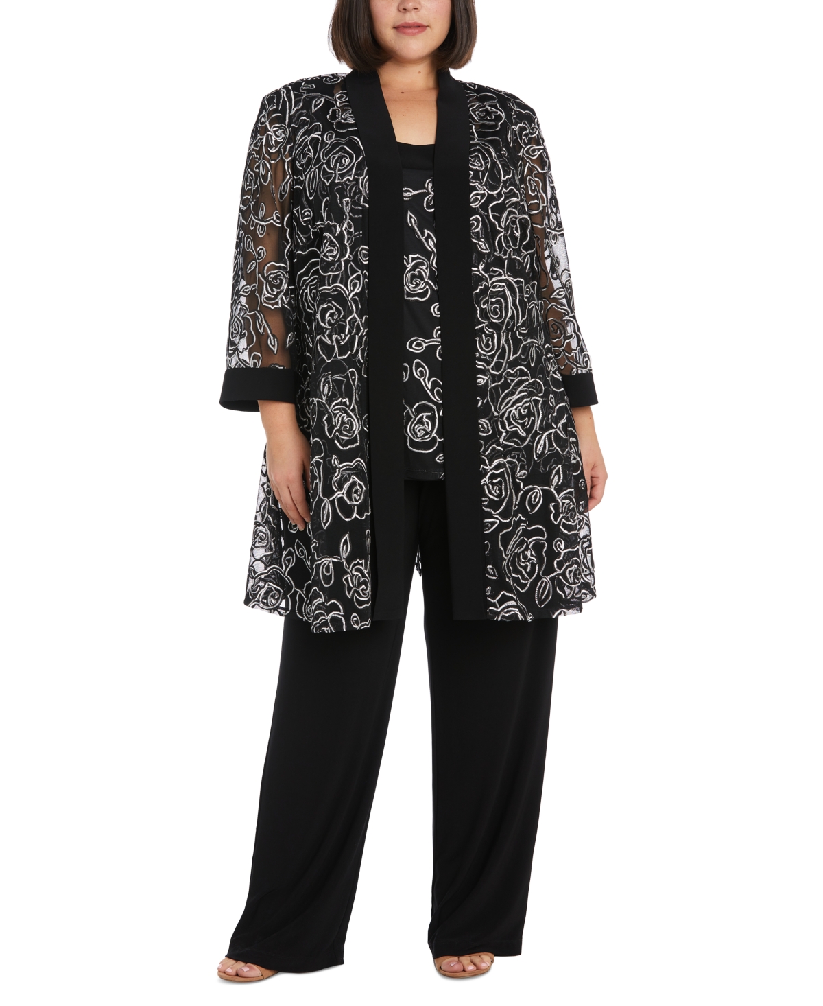 Shop R & M Richards Plus Size 3-pc. Embroidered Jacket, Top & Pants Set In Black White