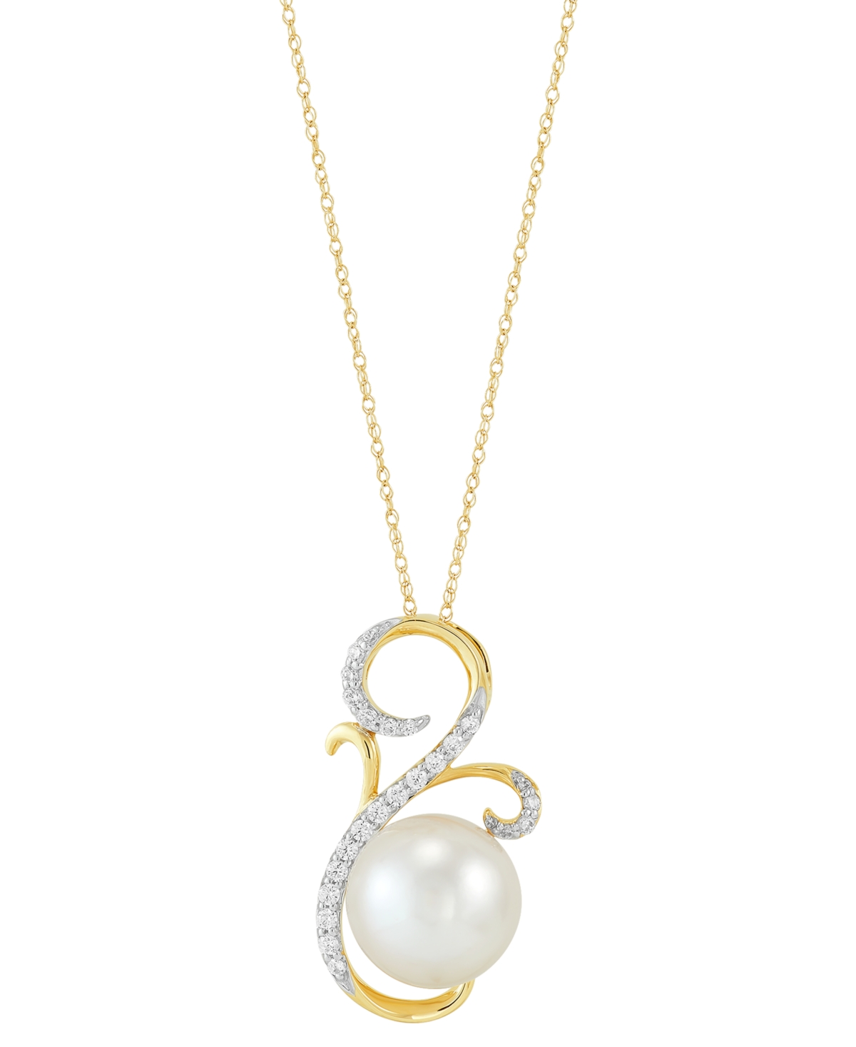Honora Cultured Ming Pearl (11mm) & Diamond (1/4 ct. t.w.) Swirl Pendant Necklace in 14k Gold, 16" + 2" extender