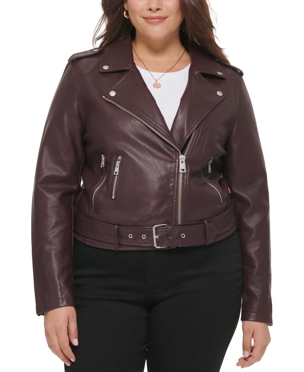 Shop Levi's Plus Size Faux Leather Belted Motorcycle Jacket In Burgundy
