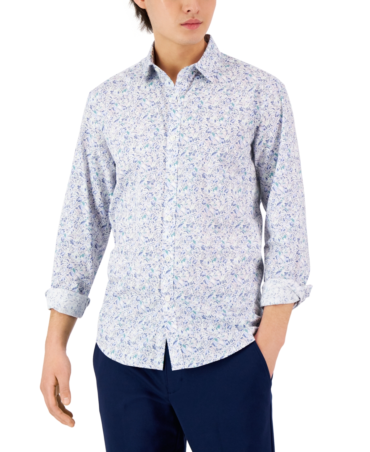 Alfani Men's Long-sleeve Abstract Floral Print Shirt, Created For Macy's In Navy Blue Combo