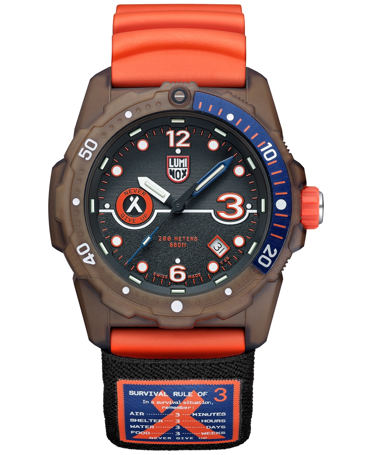 Men's Swiss Bear Grylls Rule of 3 Sea Series Orange Rubber Strap Watch 42mm