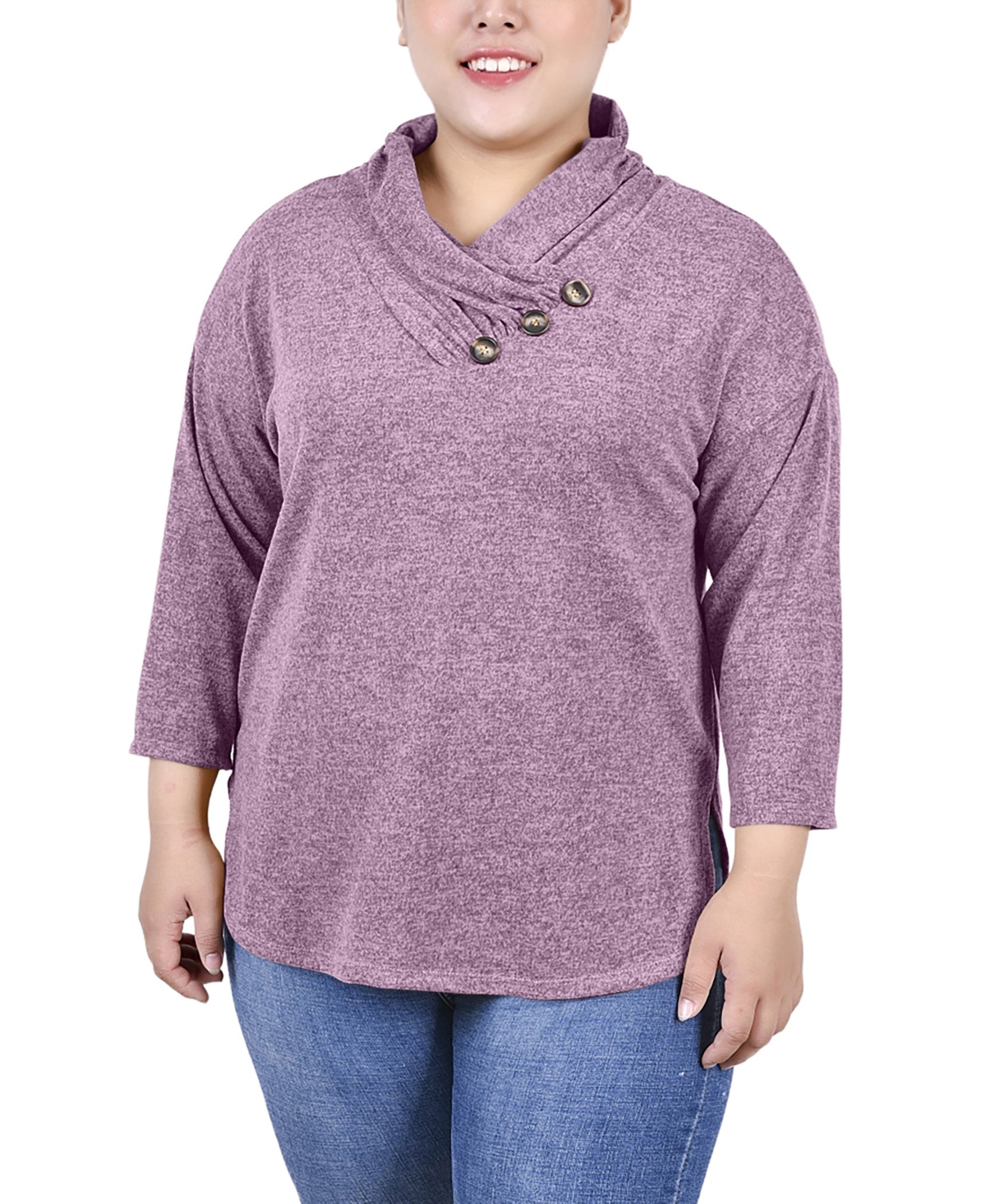 NY COLLECTION PLUS SIZE 3/4 SLEEVE CROSSOVER COWL NECK TOP