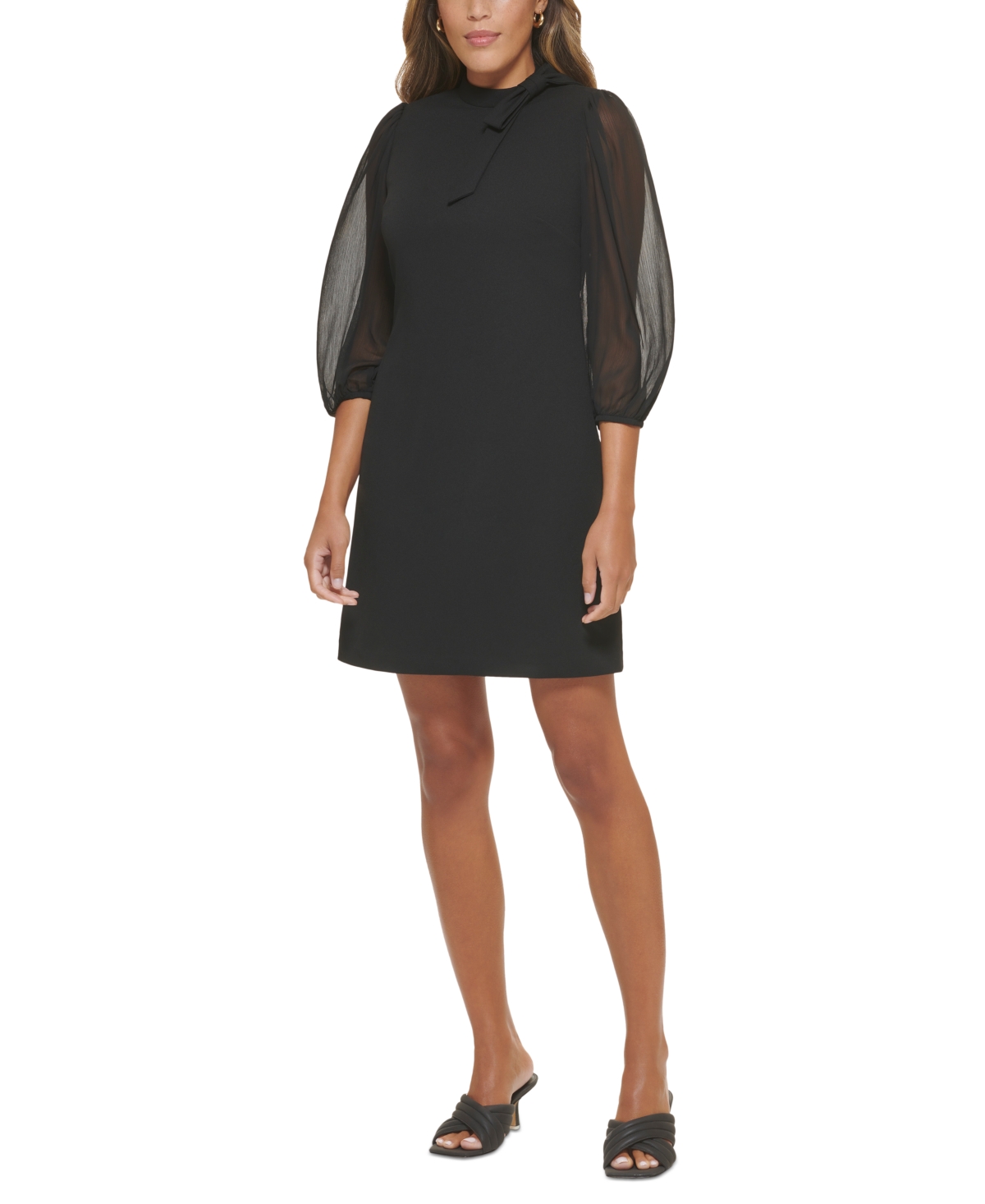 CALVIN KLEIN PUFF-SLEEVE TIE-NECK SHEATH DRESS