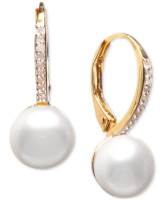 Cultured Freshwater Pearl (10mm) and Diamond (1/10 ct. t.w.) Leverback Earrings in Sterling Silver or 18k Gold over Sterling Silver