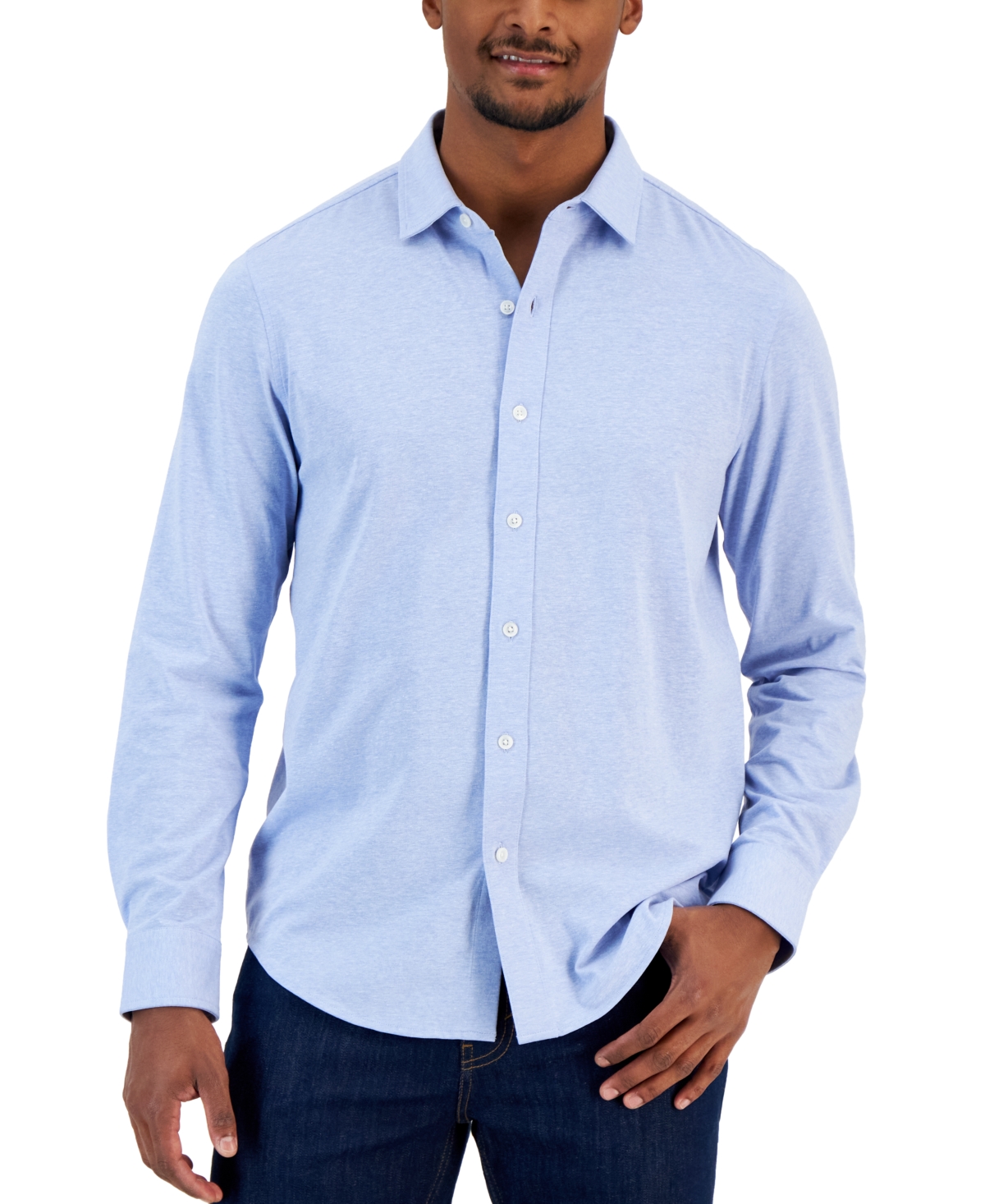 Shop Alfani Men's Classic-fit Heathered Jersey-knit Button-down Shirt, Created For Macy's In Blue Myrtle