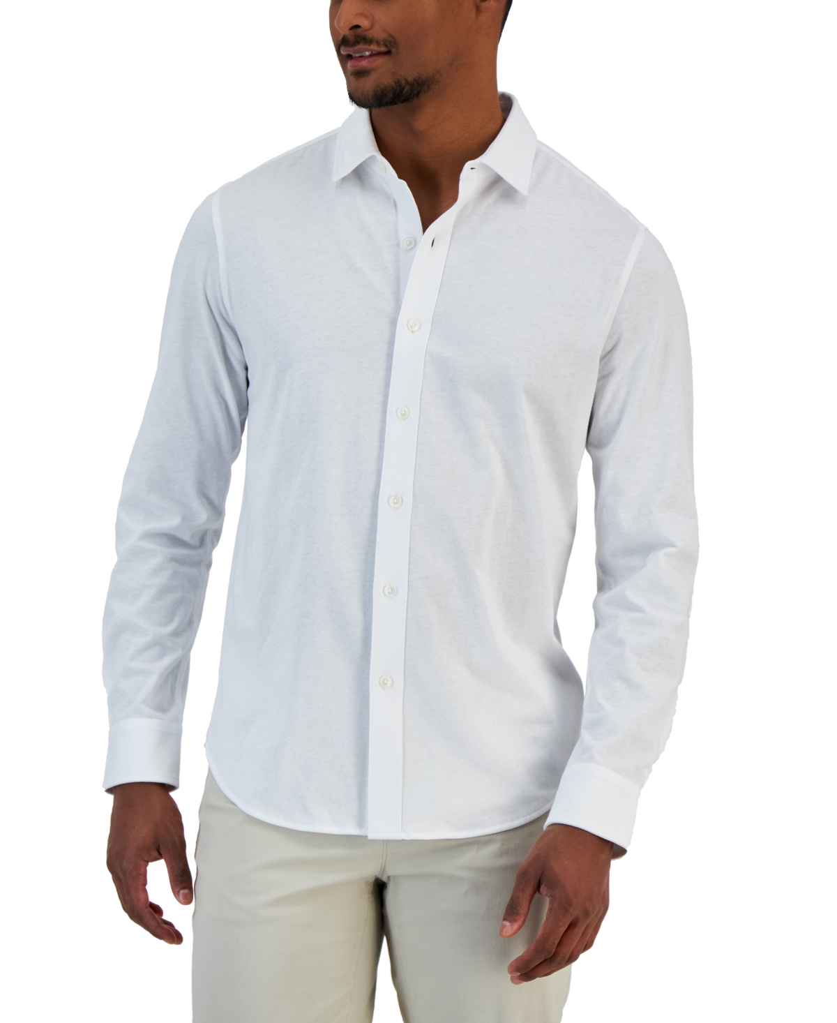 Alfani Men's Classic-fit Heathered Jersey-knit Button-down Shirt, Created For Macy's In Bright White