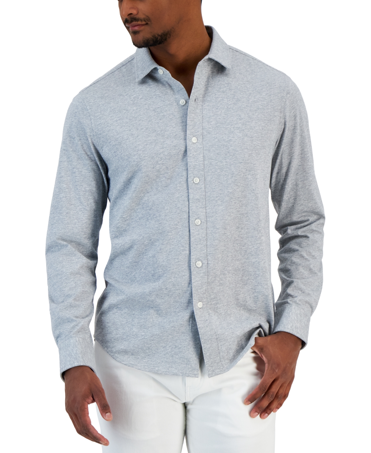 Shop Alfani Men's Classic-fit Heathered Jersey-knit Button-down Shirt, Created For Macy's In Casual Grey Heather
