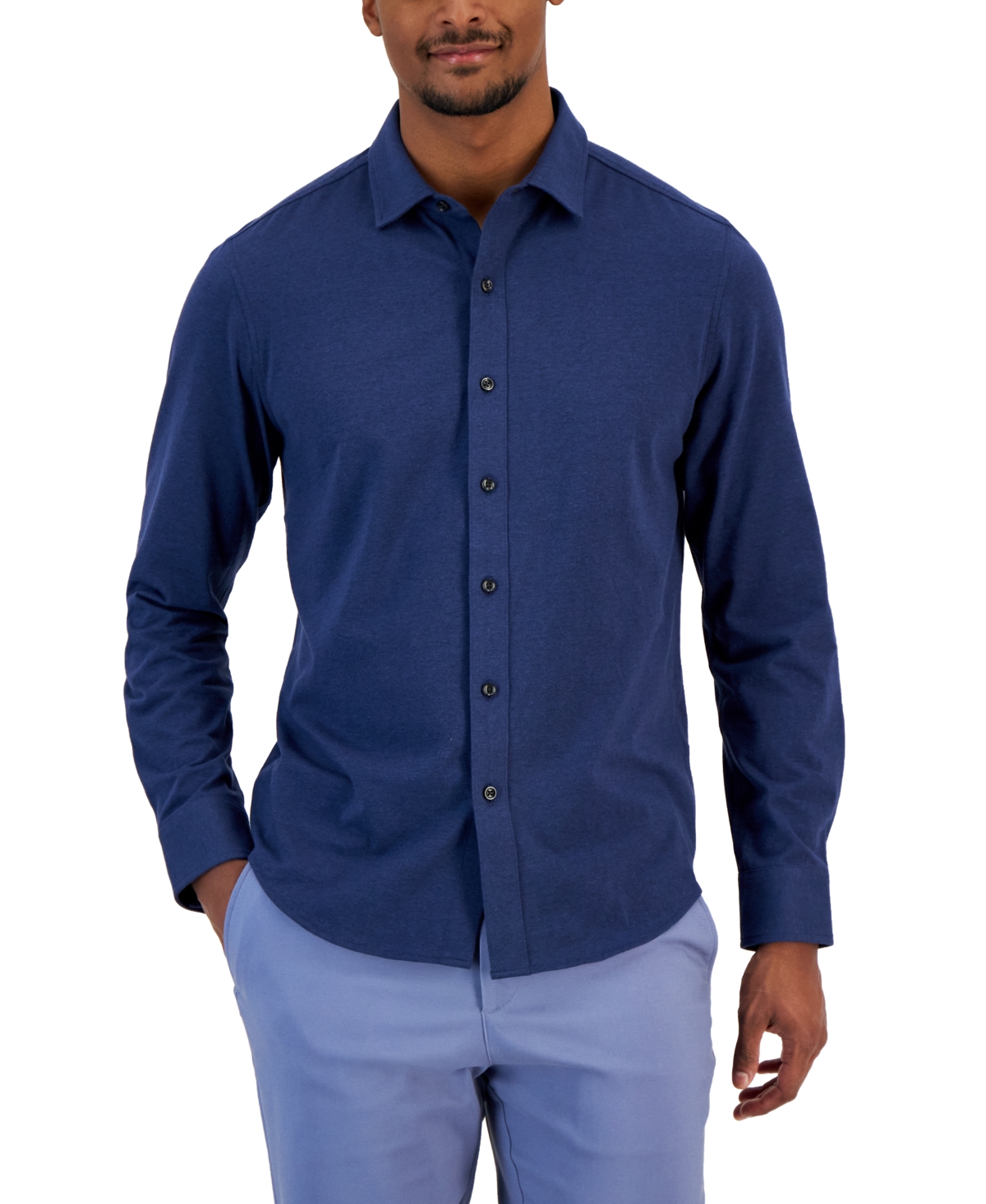 Alfani Men's Classic-fit Heathered Jersey-knit Button-down Shirt, Created For Macy's In Neo Navy